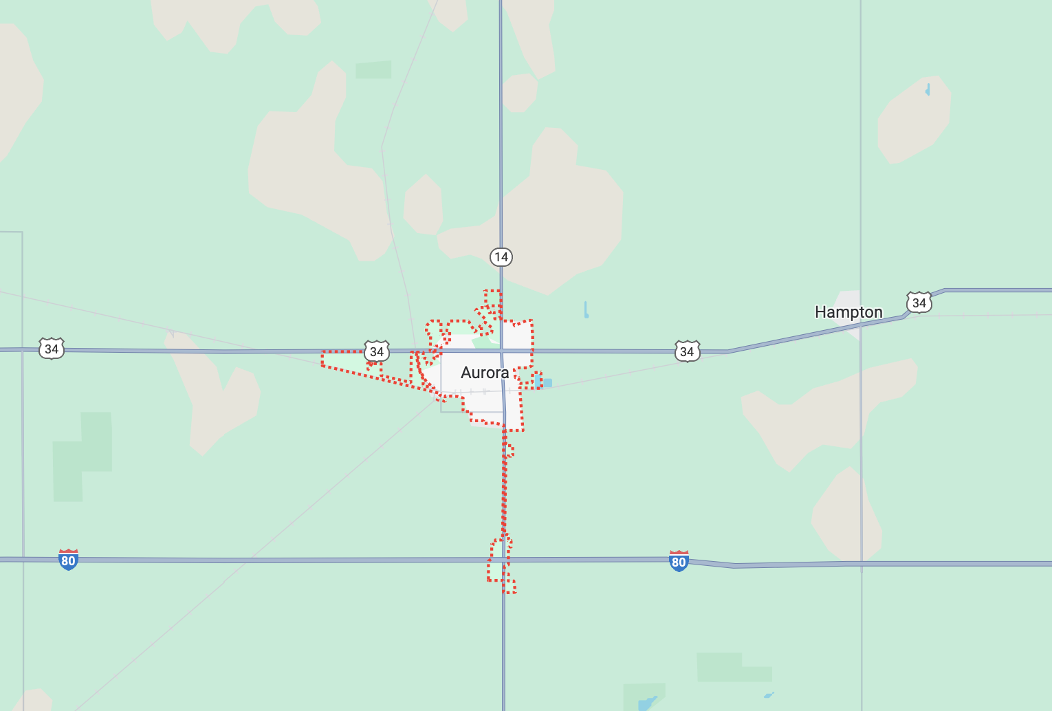 Map showing Aurora, Nebraska, with major highways 34, 14, and 80 marked. Nearby town Hampton is visible on the right.