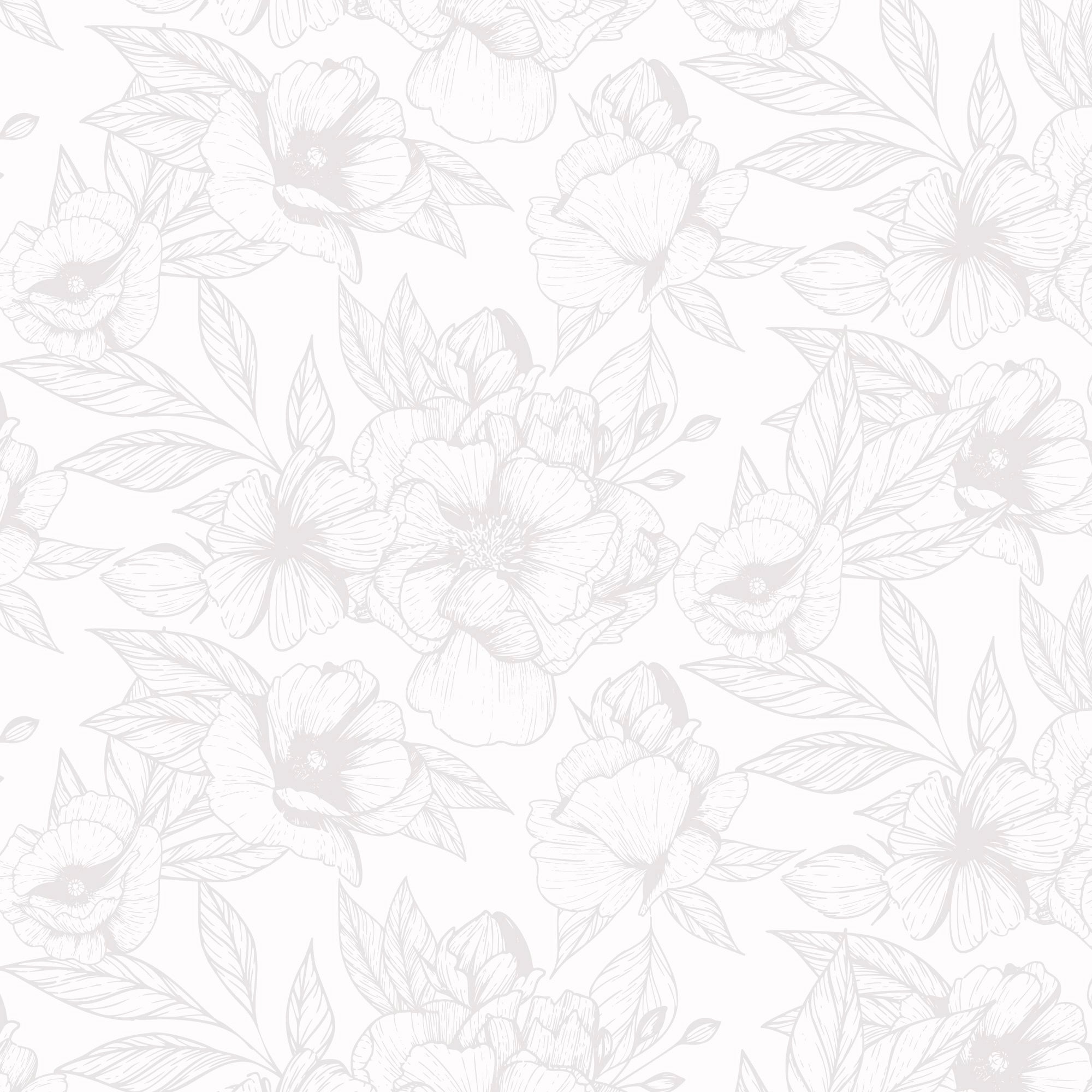 Line drawing of flowers and leaves on a white background, featuring large blooms and detailed foliage in a seamless repeating pattern.